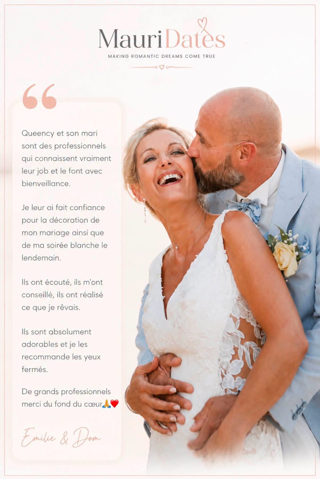 Thank-you note from a couple married on the beach in Mauritius, with a photo of them under the ceremony arch at sunset.